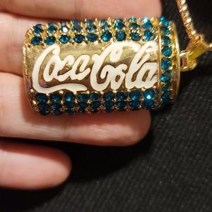 NWOT Teal Crystal Coca-Cola Can necklace